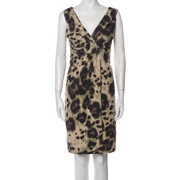 RED Valentino Khaki Green Beige Black Leopard Print Faux Wrap Sheath Dress 46/8 - Picture 1 of 9